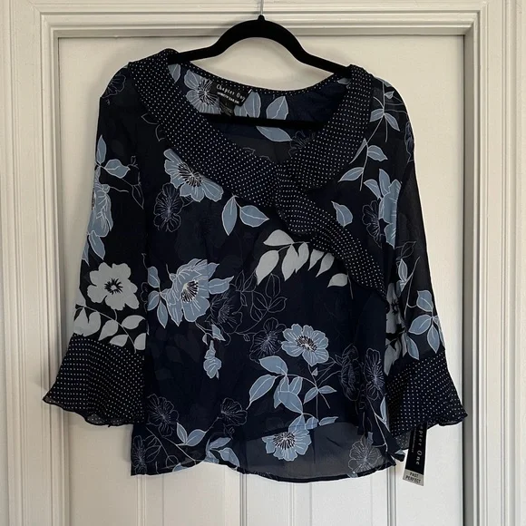 Chapter One Navy Floral Ruffle-Trim Sheer Blouse - Picture 1 of 9